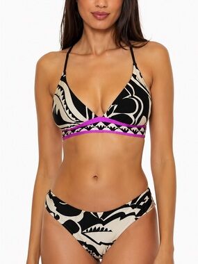Trina Turk Florence Reversible Bikini Set Black Floral Neon Trim Size 8 NWT